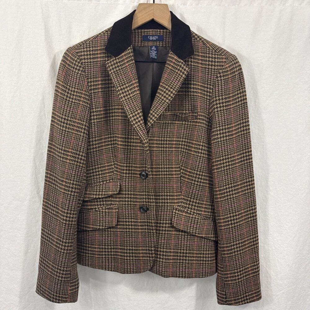 Chaps Vtg Academia Brown Houndstooth Blazer Womens 10 Corduroy Neck Equestrian